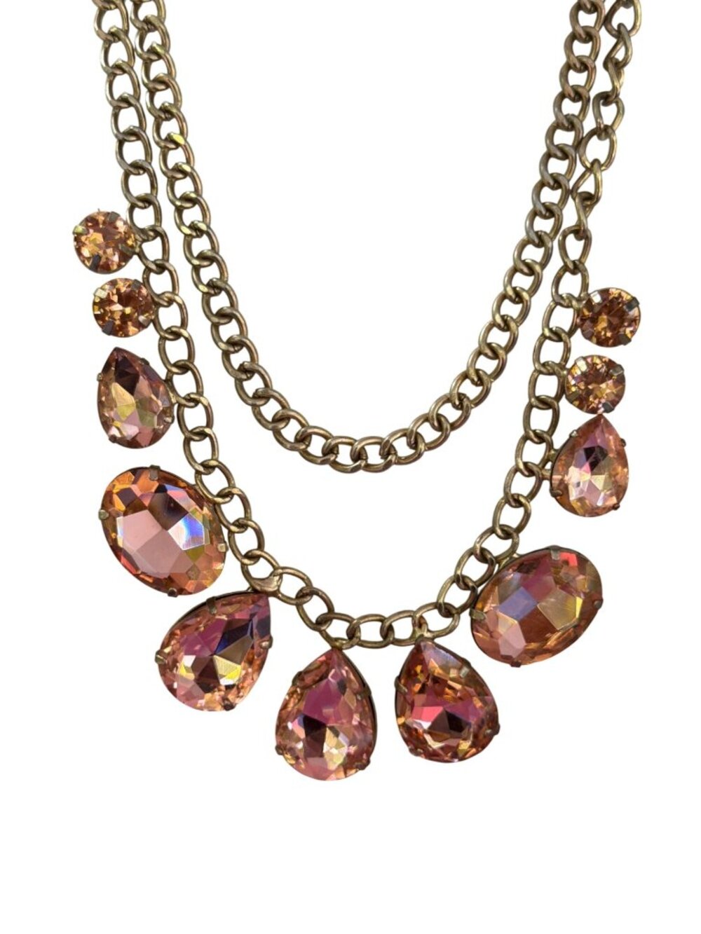 Vintage Gold Tone Double Chain Necklace Peach Glass Rhinestones Layered Adj 16"